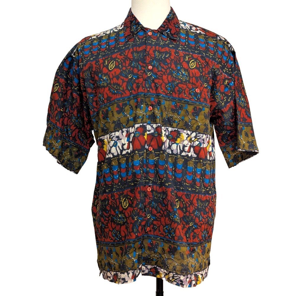 Vintage Forum Mens Large Short Sleeve Shirt Abstract Tribal Batik Cotton 80s 90s